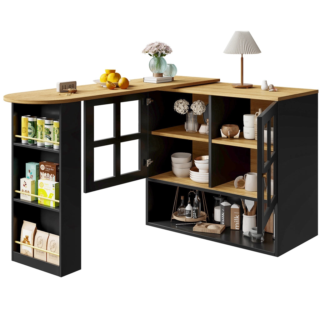 Mobile Bar con 2 Ante in Vetro; 3 Ripiani Laterali; 3 Ripiani Regolabili; Girevole a 360°; in MDF; 138-204 x 39 x 102;5 cm; Nero