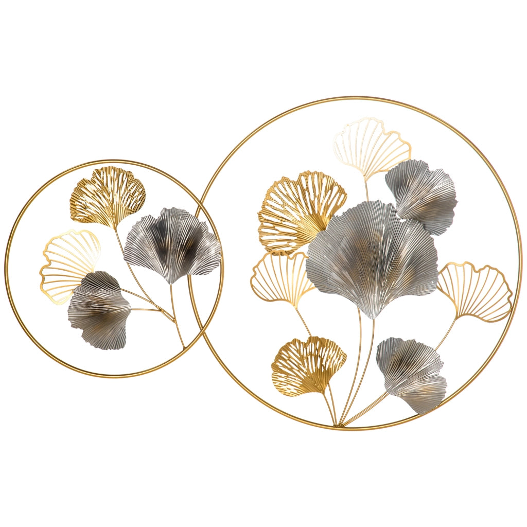 EasyComfort Decorazione Murale 3D in Metallo, Wall Art Dorata con Ginkgo in due Cornici Rotonde, 102x66.2cm, Oro e Argento
