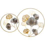 EasyComfort Decorazione Murale 3D in Metallo, Wall Art Dorata con Ginkgo in due Cornici Rotonde, 102x66.2cm, Oro e Argento