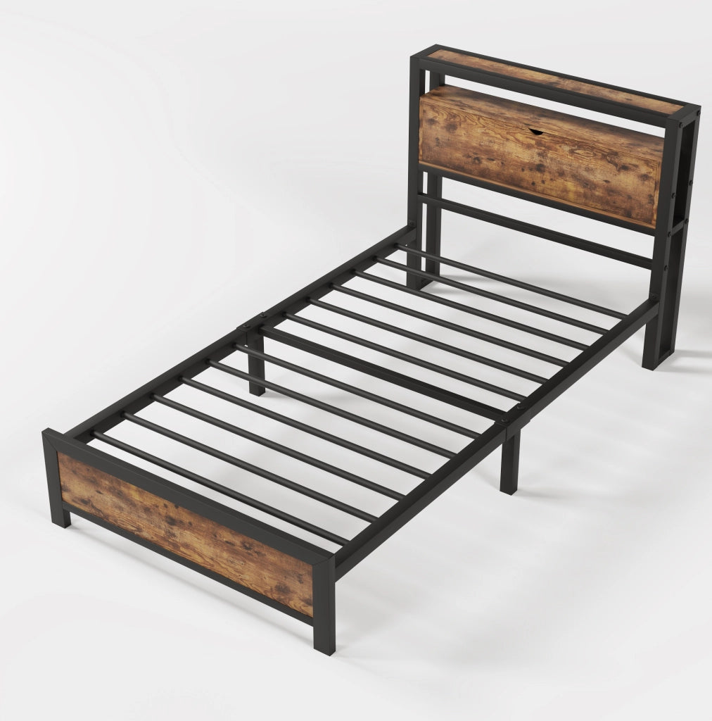 Letto singolo 90x200 cm; testiera con ripiani; metallo e legno; colore naturale (Senza materasso)