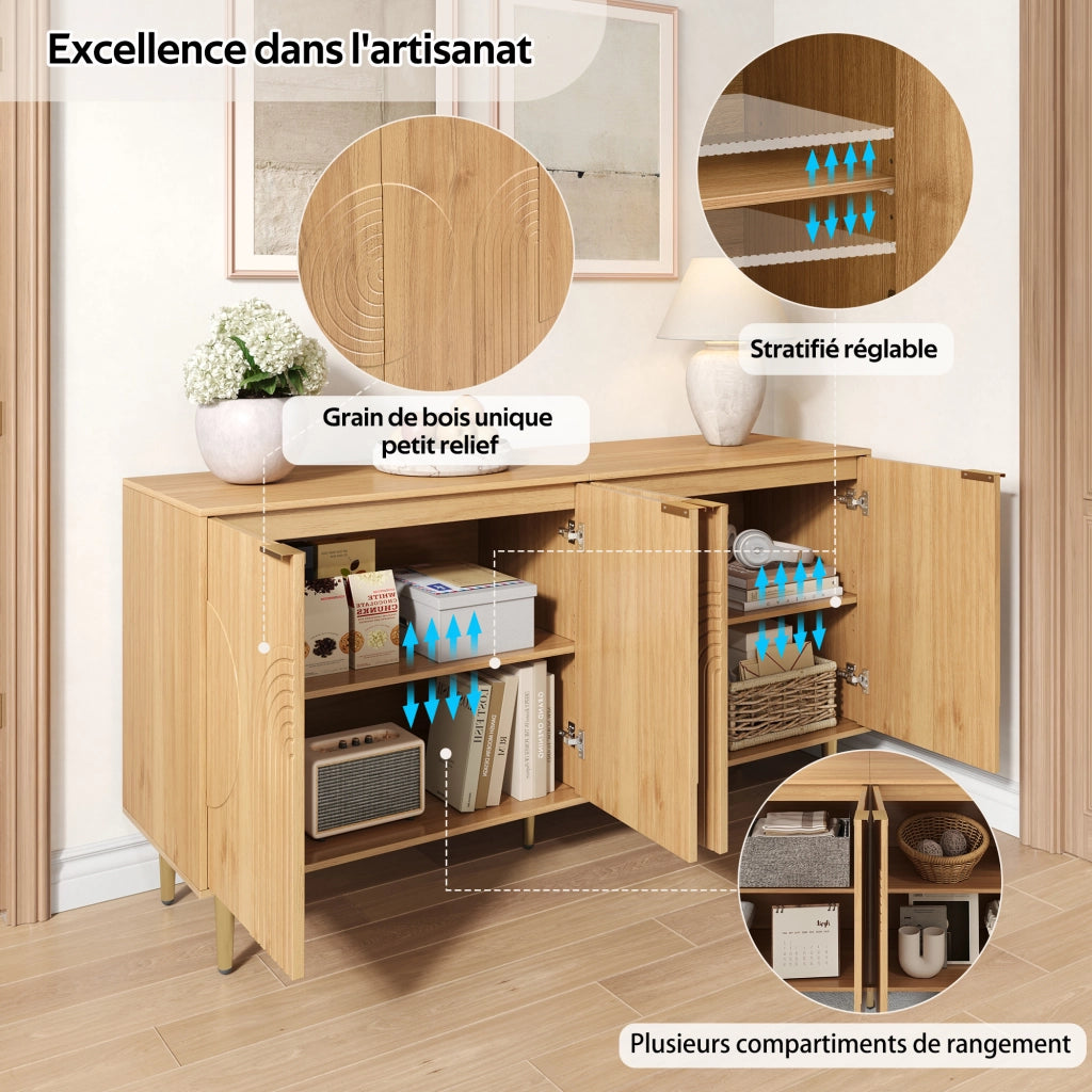 OKWISH Madia con 4 ante e ripiani regolabili, gambe in metallo, per soggiorno o sala da pranzo, MDF, naturale, 140 x 40 x 72 cm