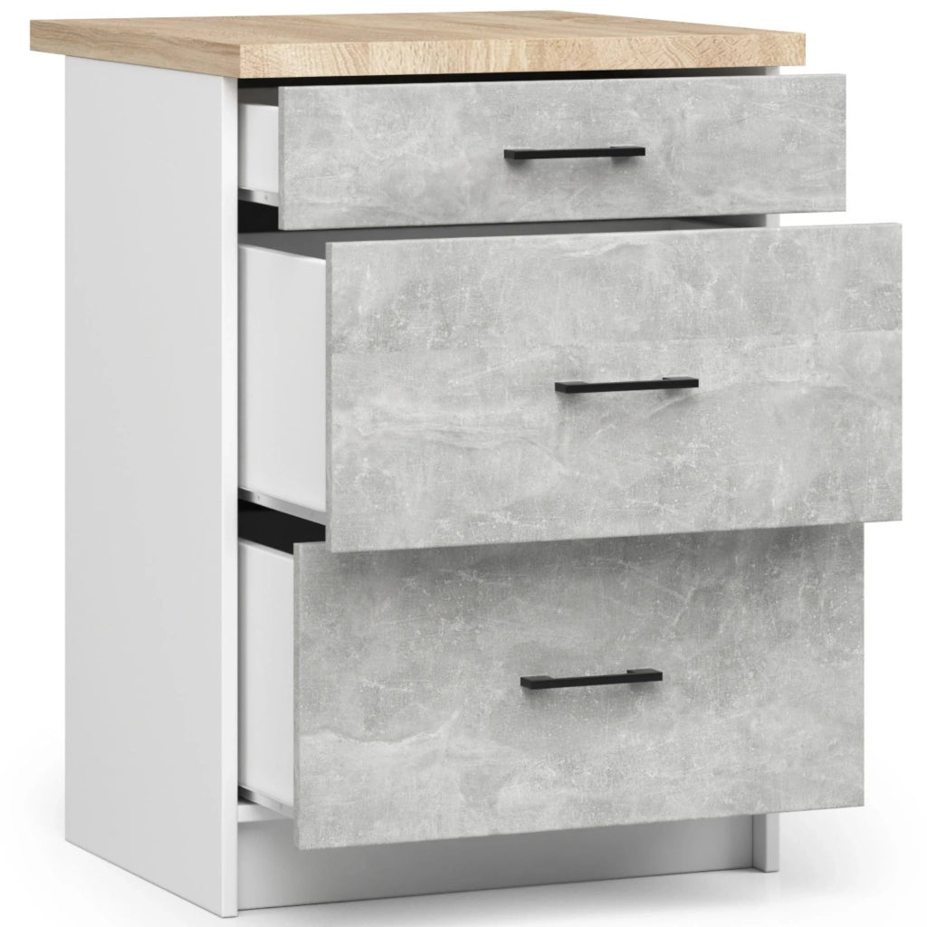 Mobile cucina modulare con piano di lavoro AKORD OLIWIA Bianco 60 cm 3 cassetti inserto frontale Cemento 60x46x85 cm