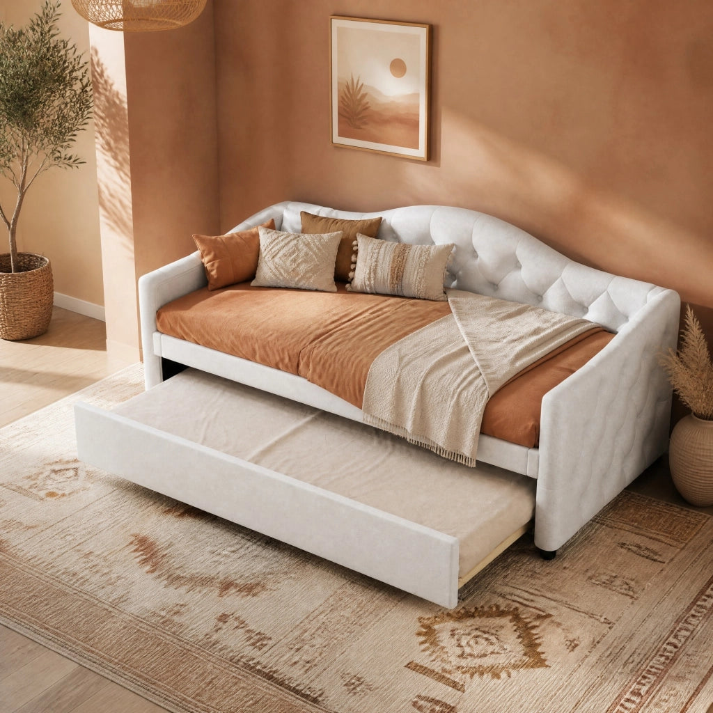Daybed 90x200 cm con letto estraibile, divano letto singolo in lino beige, senza materasso