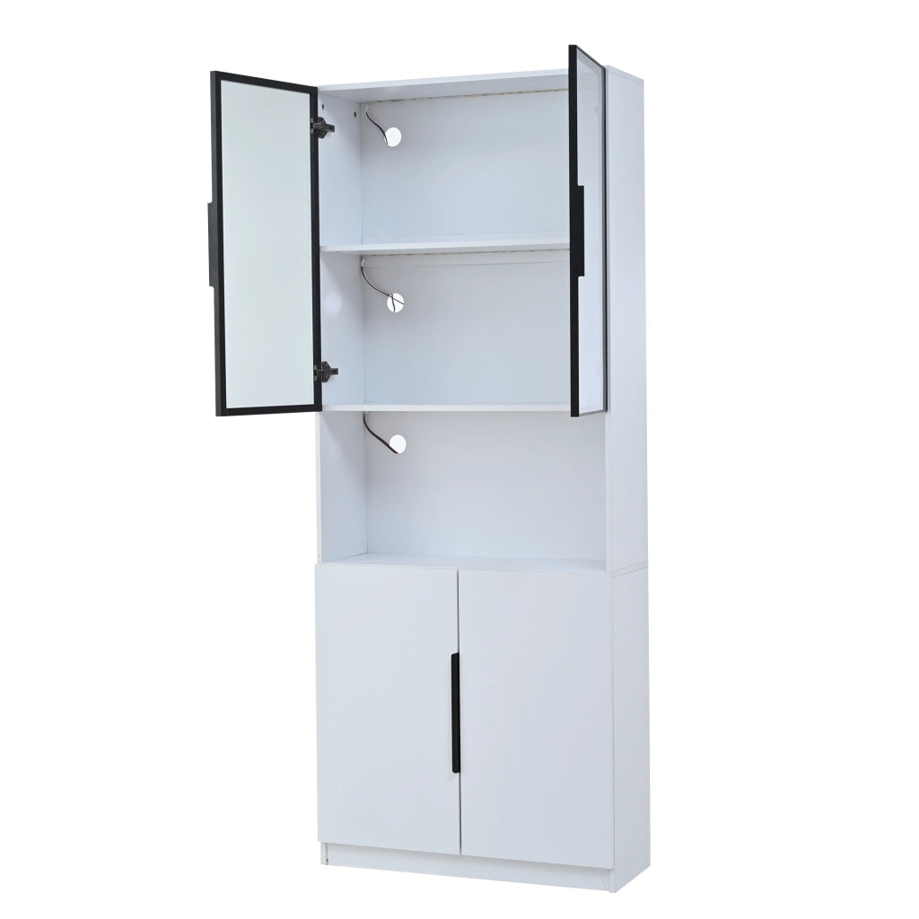 Vetrina con ante in vetro e LED, 1 ripiano regolabile e vano aperto, per soggiorno, bianco, 80 × 30 × 200 cm