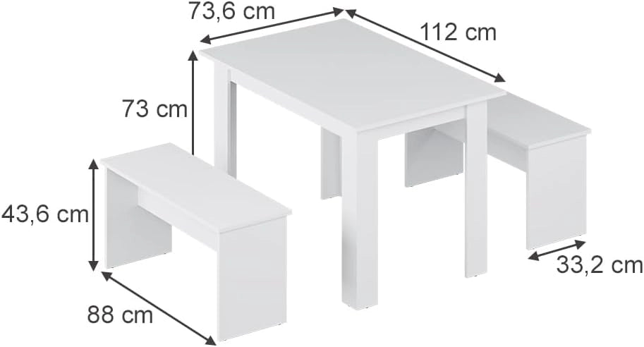 Set di tavoli da pranzo Sentio, Bianco, 112 x 73.6 cm con 2 panche, adatto come set da pranzo per piccoli spazi e cucine