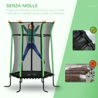 Trampolino Elastico per Bambini 3-10 Anni con Ingresso a Cerniera e Pali Imbottiti, Ø163.5x190 cm, Verde