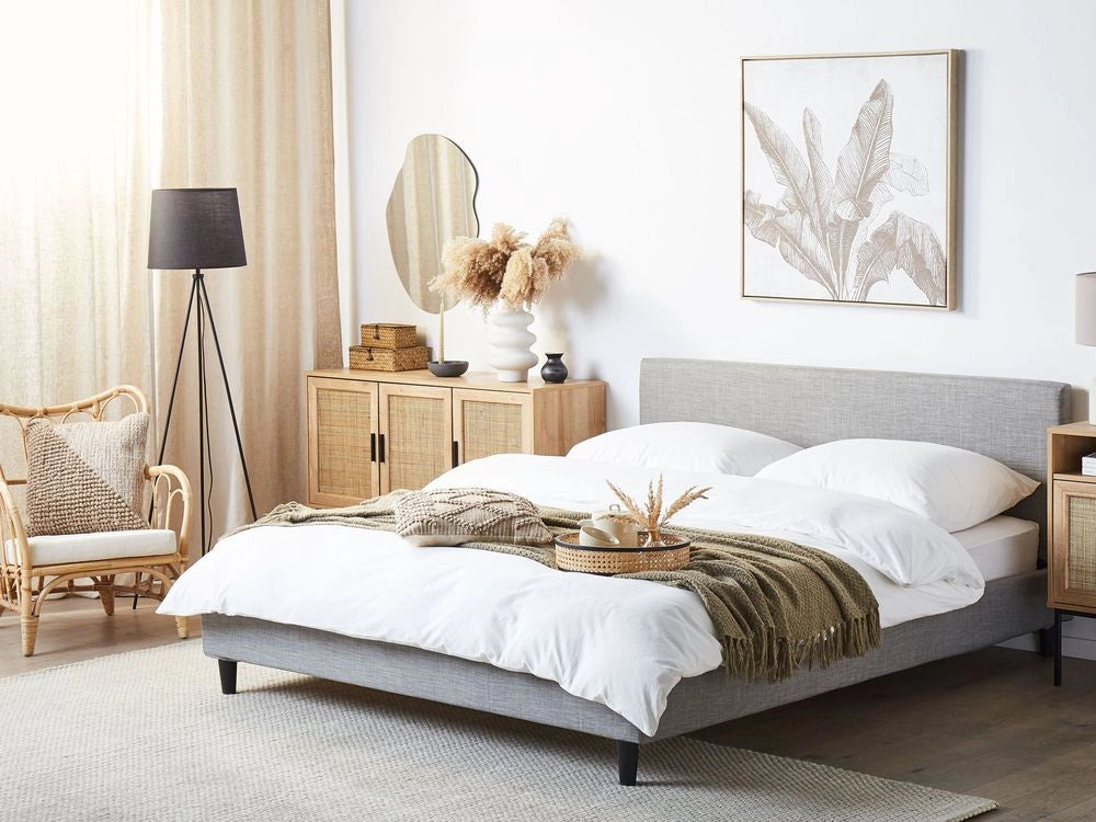 Letto 160 x 200 cm con rete a doghe in tessuto grigio con LED bianco contemporaneo