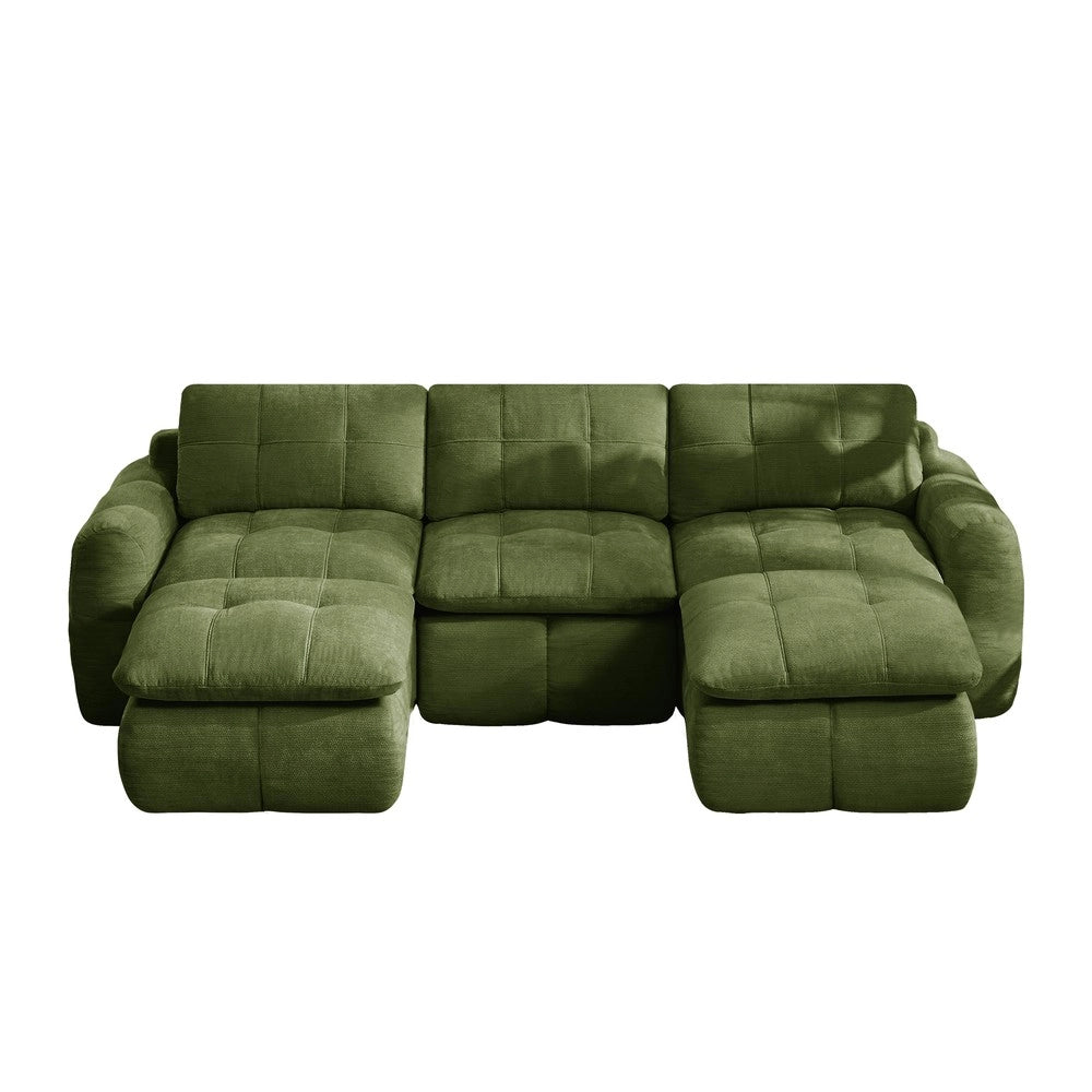 Divano 3 posti modulare ¨C Minimal ¨C verde, tessuto chenille imbottito, con 2 poggiapiedi