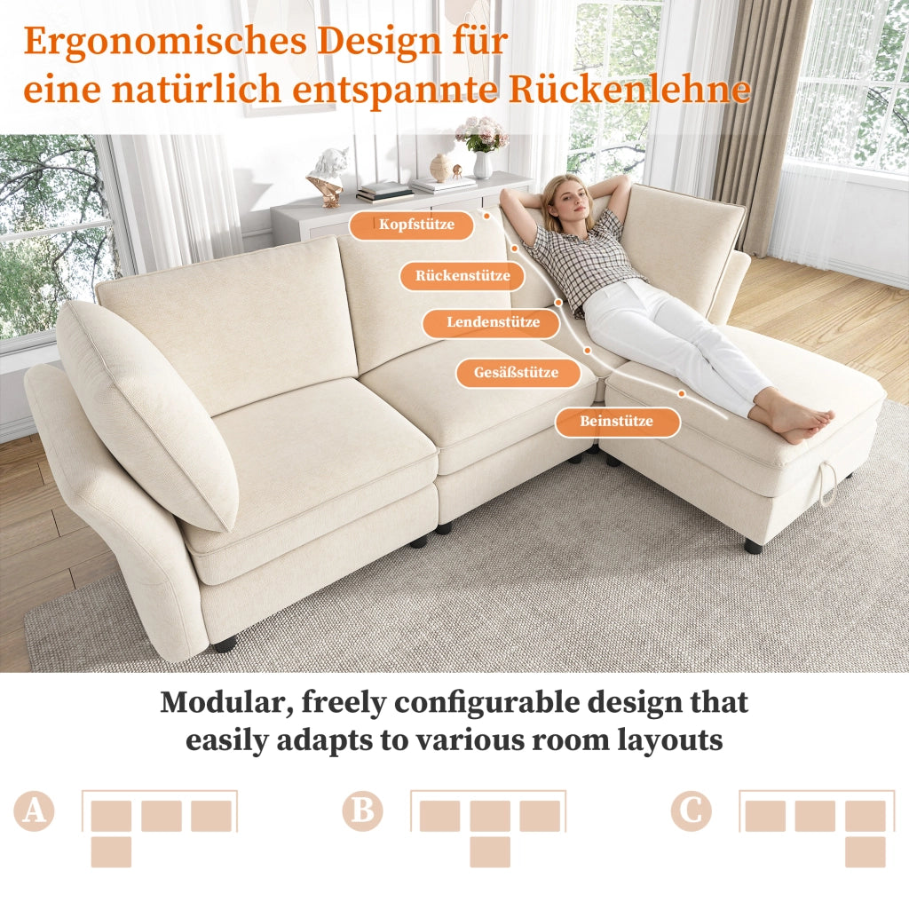 Divano angolare modulare 4 posti con pouf contenitore e seduta morbida in chenille beige per soggiorno