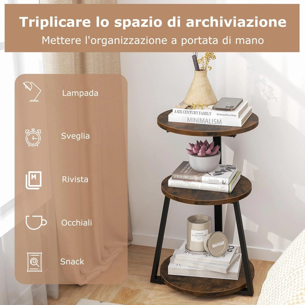 Tavolino Rotondo Industriale a 3 Livelli, Struttura Metallica e Piedini Regolabili, per Piccoli Spazi, Soggiorno e Camera da Letto