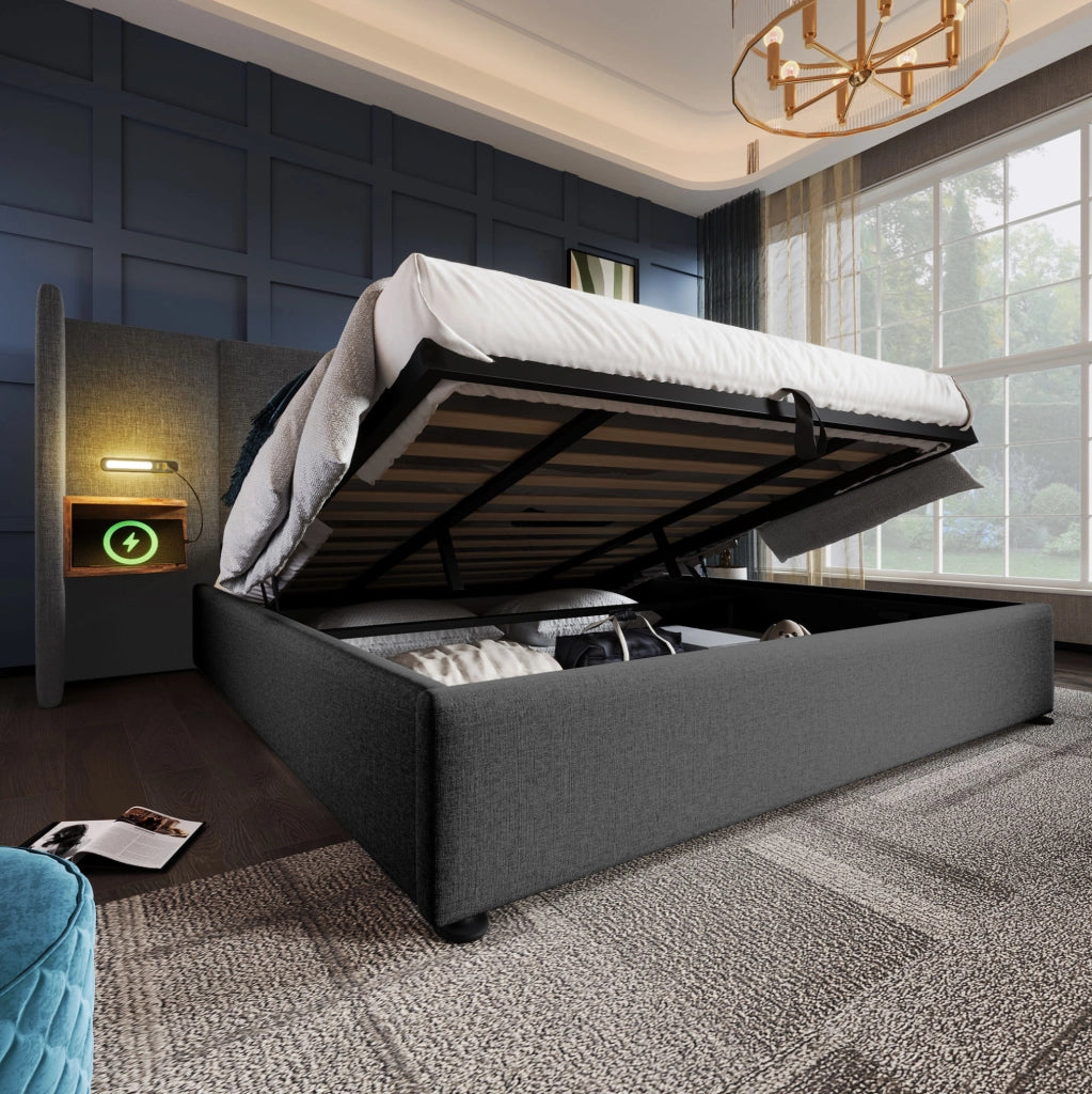 Letto matrimoniale 180x200 cm con contenitore; testiera con luce lettura USB e Type-C; grigio