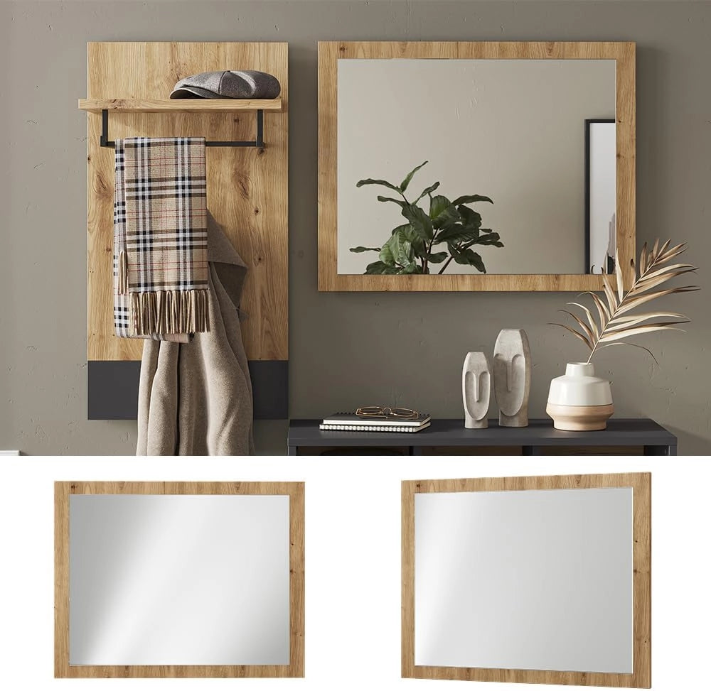 Specchio da parete Selena, Rovere artigianale, 70 x 55 cm, adatto al montaggio a parete per un'installazione salvaspazio