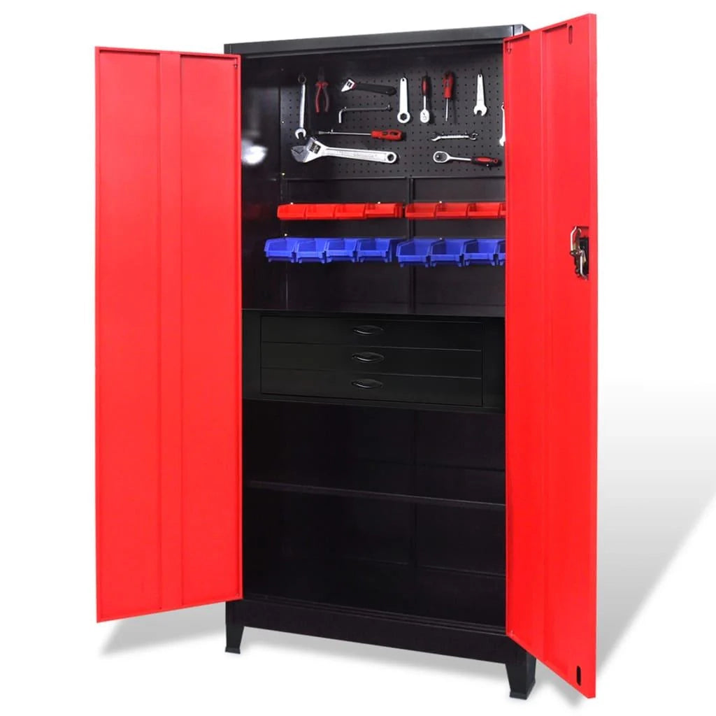 Mobiletto da officina con cassetta degli attrezzi contenitore carrello da officina 3 ripiani regolabili acciaio 180 cm rosso e nero 02_0003797