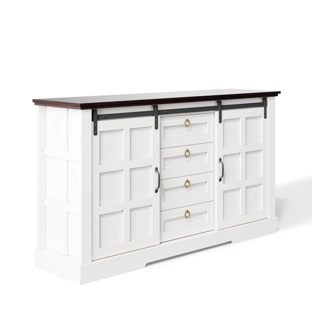 Credenza moderna e rustica 150 x 40 x 85 cm con ante scorrevoli; 4 cassetti; bianca in MDF