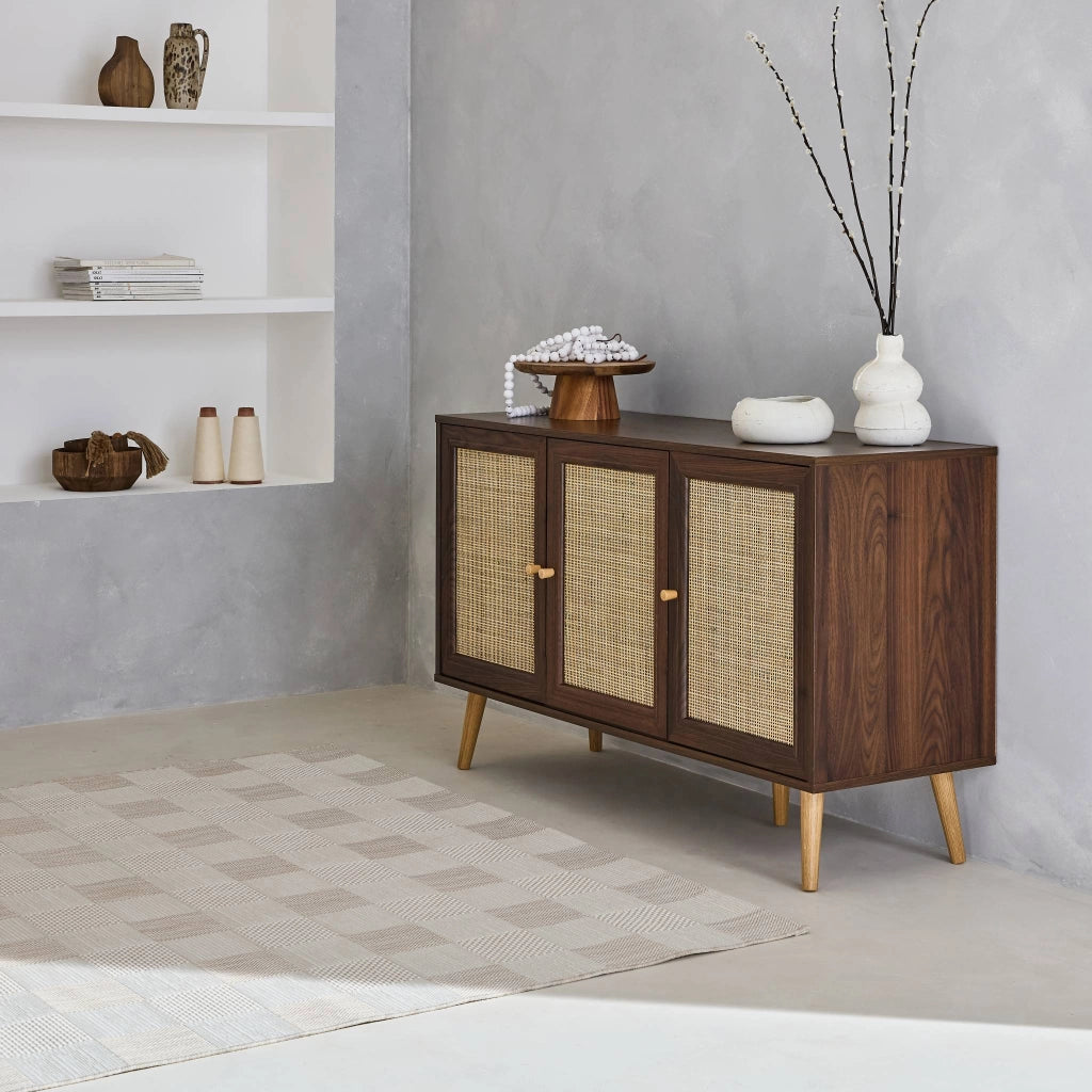 Credenza 3 ante in cannage, 120 cm, marrone scuro