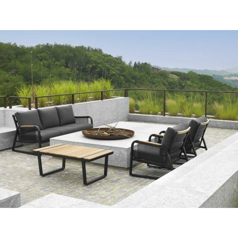 Salotto alluminio Idaho corda 3p antracite con cuscini grigio top tavolo legno