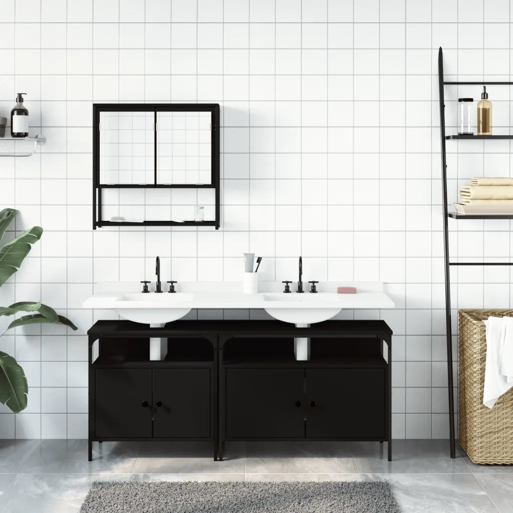 Set Mobili da Bagno 3 pz Nero in Legno Multistrato