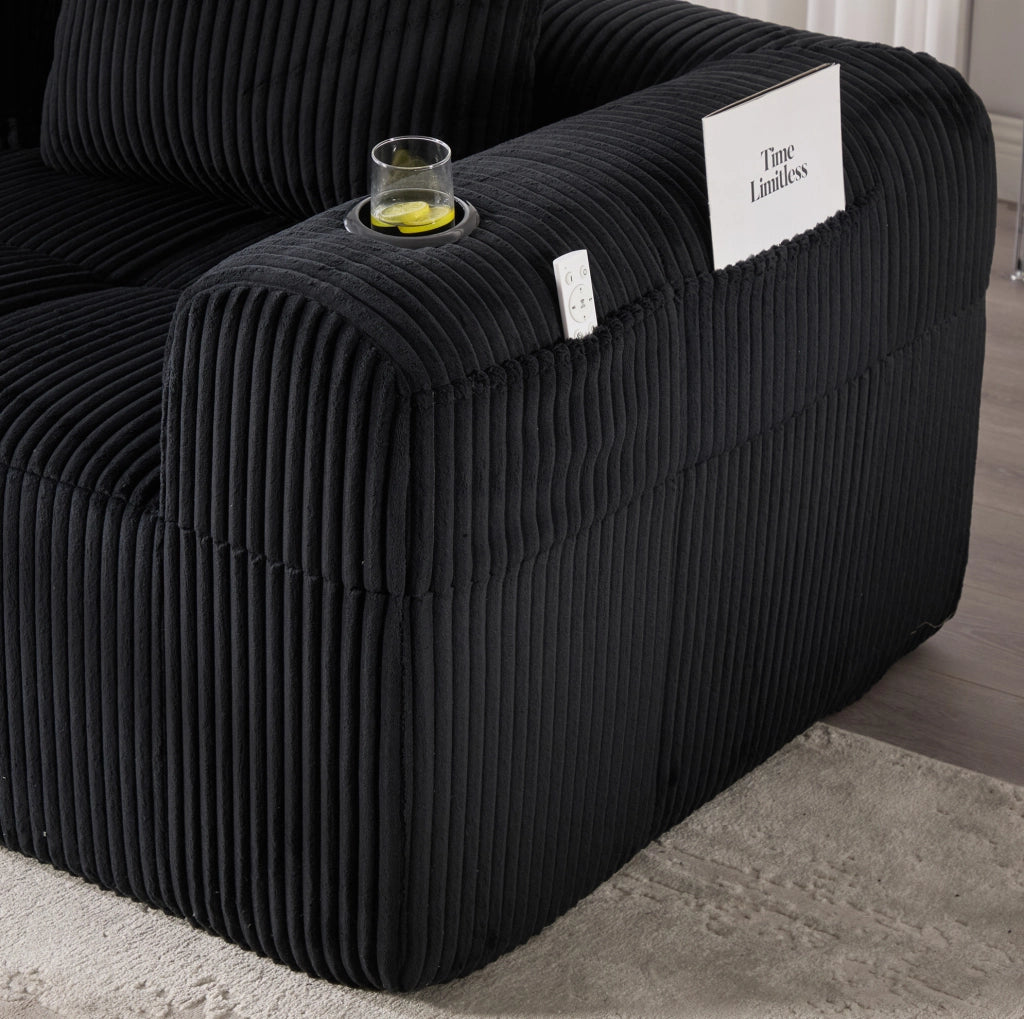 Divano 253x158x61 cm modulare DIY con tasche laterali e portabicchieri in tessuto cord nero