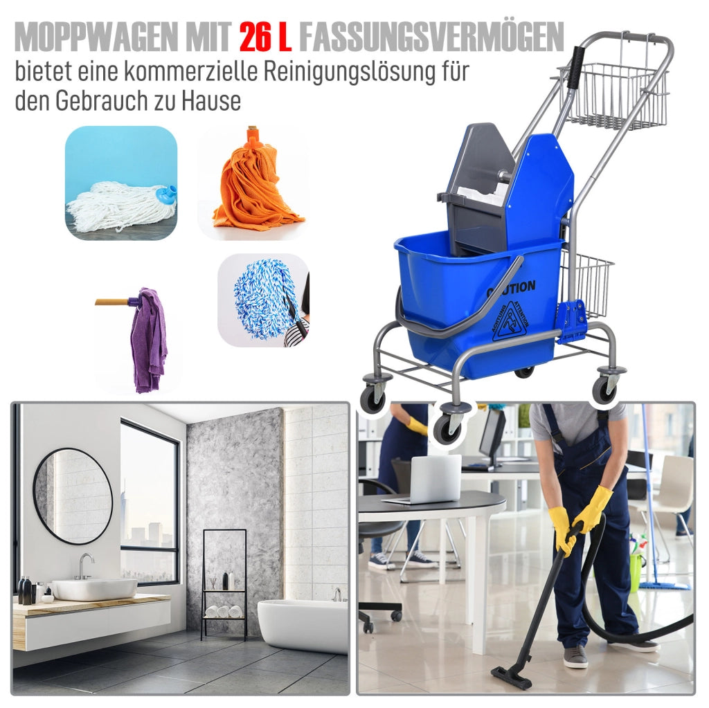 Carrello per pulizie blu 26 L con strizzatore, cestelli e ruote