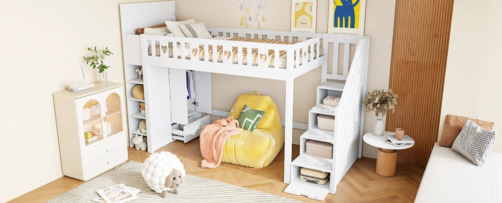 Letto a soppalco bianco 90x200 cm con scala contenitore, scaffali e armadietto ribaltabile