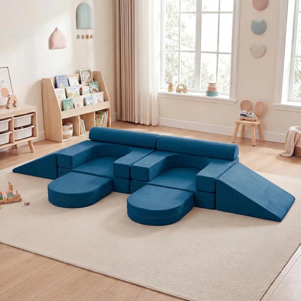 Divano da Gioco per Bambini Trasformabile, Poltrona Modulare a 10 Pezzi, Tessuto Suede e Schiuma ad Alta Elasticità, Divanetto per Bambini 3+ Anni, per Camerette, Soggiorno e Studio (Blu)