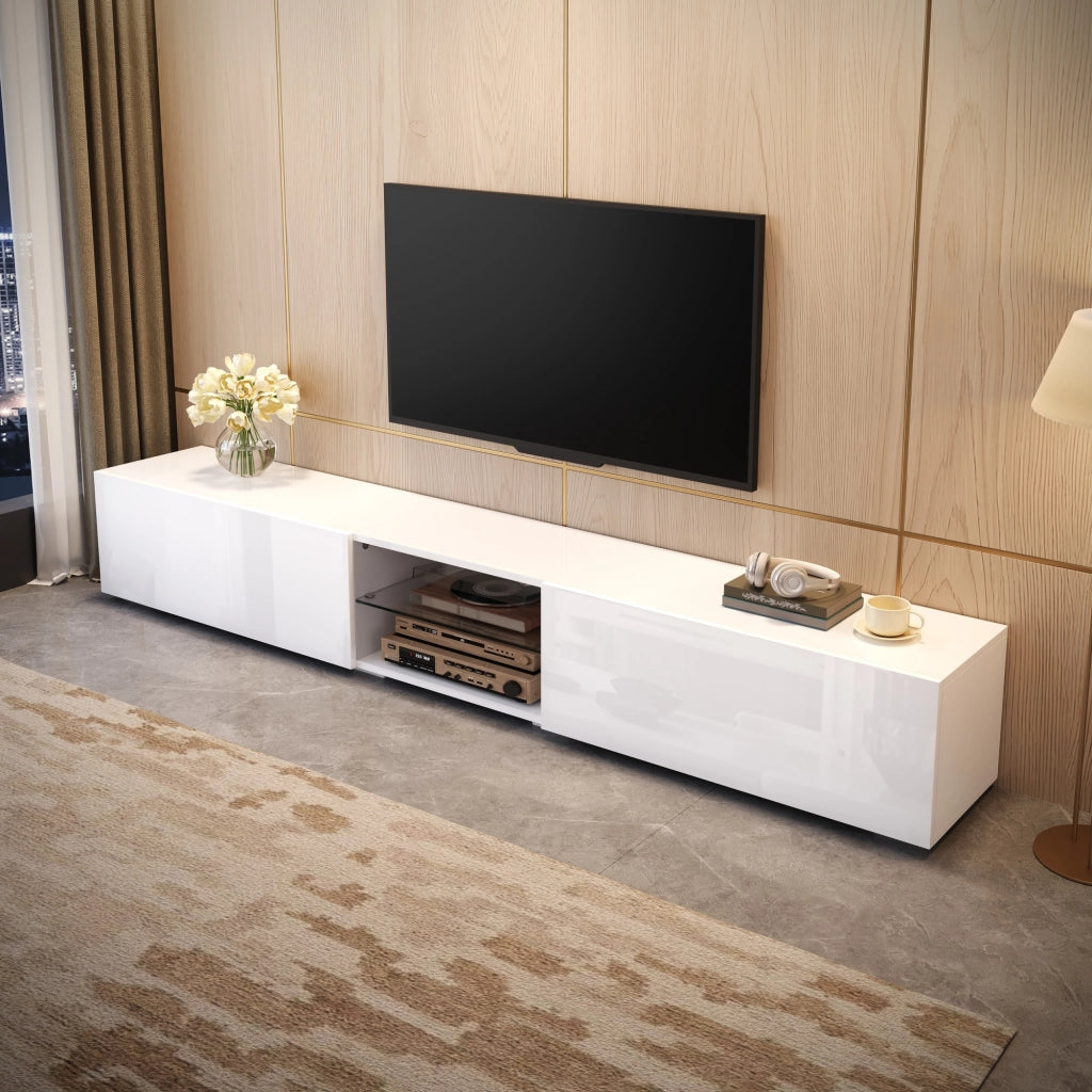 Mobile TV con 2 ante a ribalta; illuminazione LED multicolore e ripiano trasparente per soggiorno; 200 × 30 × 30 cm
