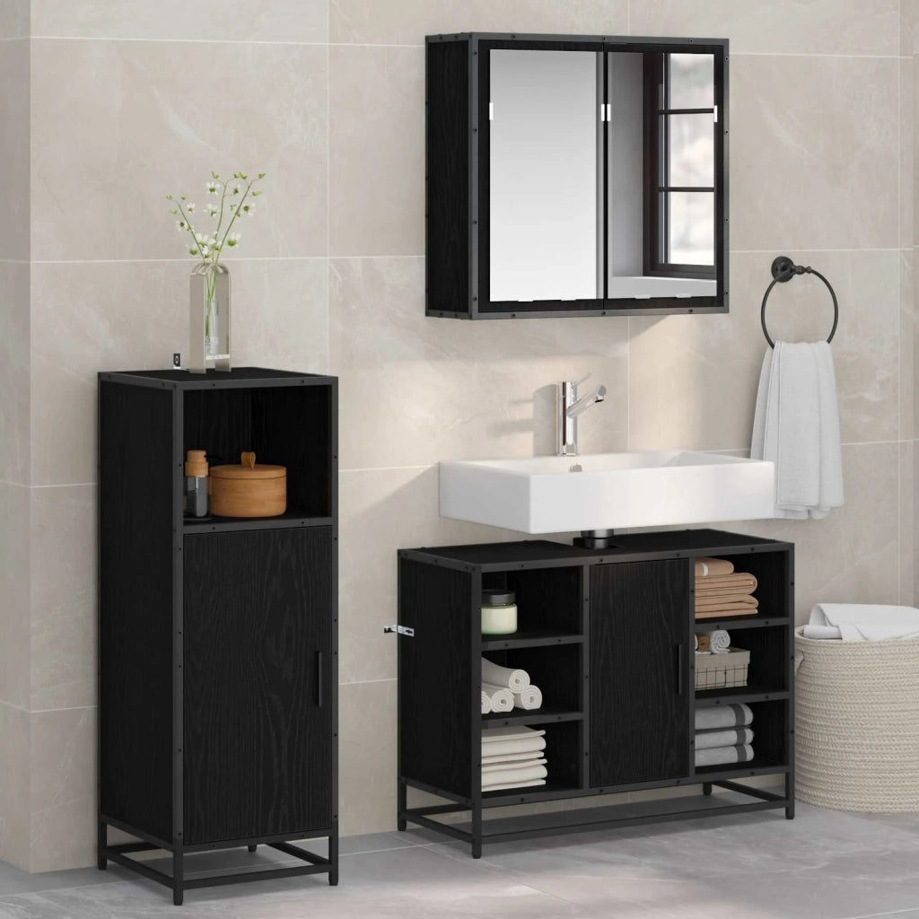 Set di mobili per il Bagno | Armadio da bagno 3 pz Rovere Nero Legno multistrato