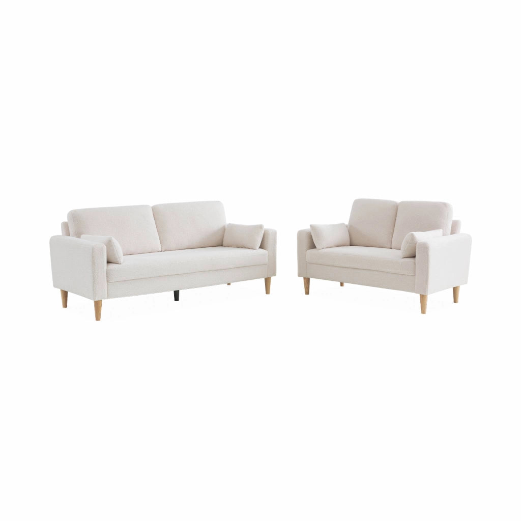 Divano stile scandinavo in legno e bouclé, 3 posti, crema