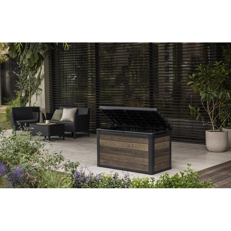 Baule da Giardino con Seduta Keter Deco 100G Walnut 380L - Effetto Legno 122,9x62,1x70,6 - Keter