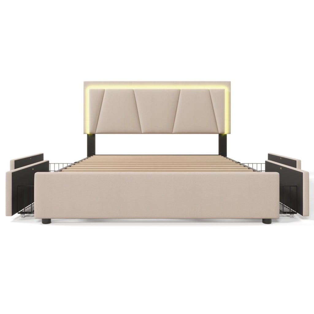 Letto 160x200 cm con testiera regolabile; LED e 4 cassetti in legno e tessuto di lino beige