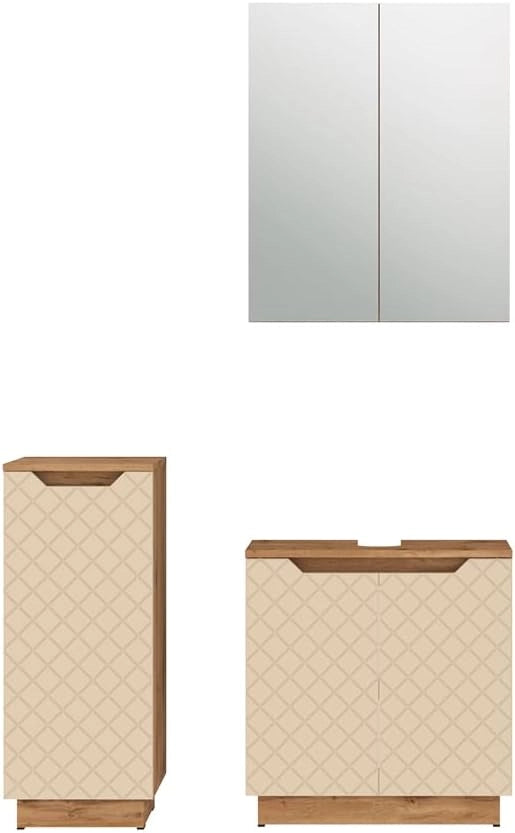 Set di mobili da bagno Lotta, Rovere/cashmere con struttura in piastrelle, 3 parti