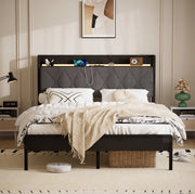 Letto imbottito 140x190 cm con contenitore; LED e USB in lino nero e grigio