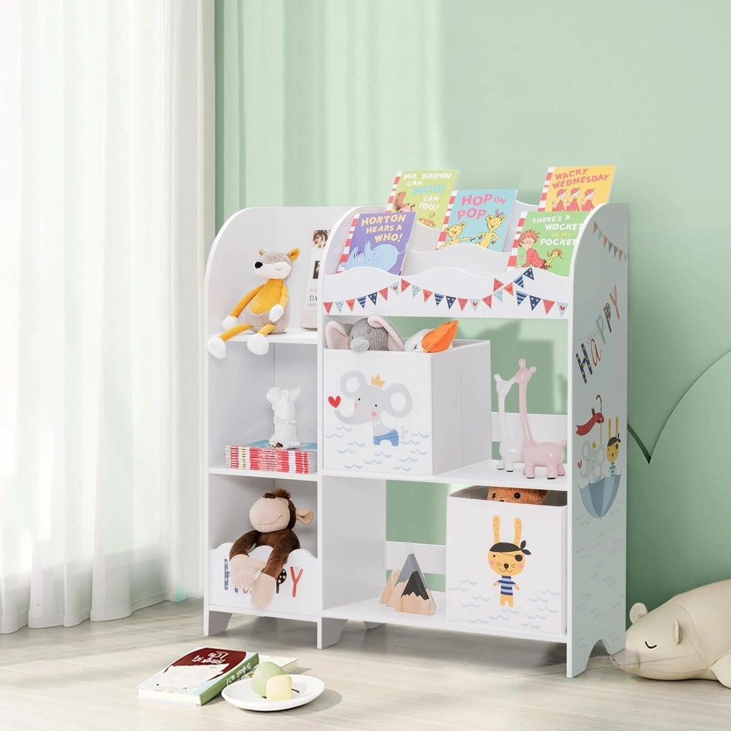 Scaffale per bambini, organizer per giocattoli con 2 scatole e 5 scomparti e 2 ripiani aperti, scaffale per giocattoli, libreria, scaffale bianco, cameretta dei bambini, camera da letto (pirati