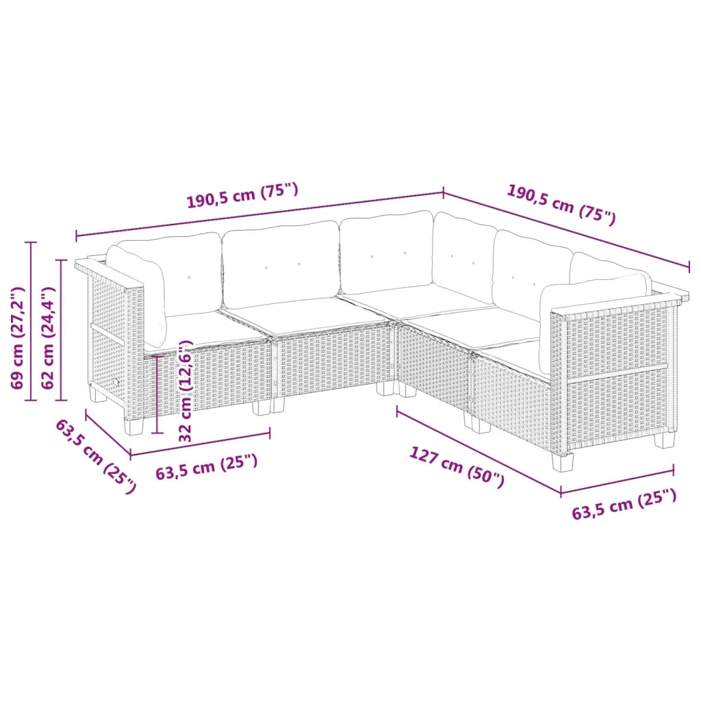 Set Divano da Giardino 5 pz con Cuscini Grigio in Polyrattan
