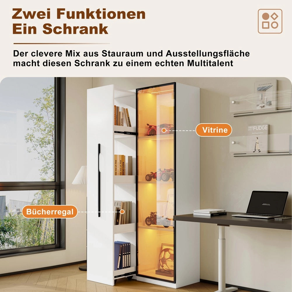 Libreria Vetrina con Porte in Vetro Temperato e LED ¨C MINIMAL ¨C Legno, Ruote, 160 cm