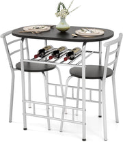 Set da Pranzo 3 Pezzi, 1 Tavolo Ovale Piccolo e 2 Sedie, con Portabottiglie, Piano del Tavolo con Venature del Legno, Robusto Telaio in Metallo (naturale) (argento)