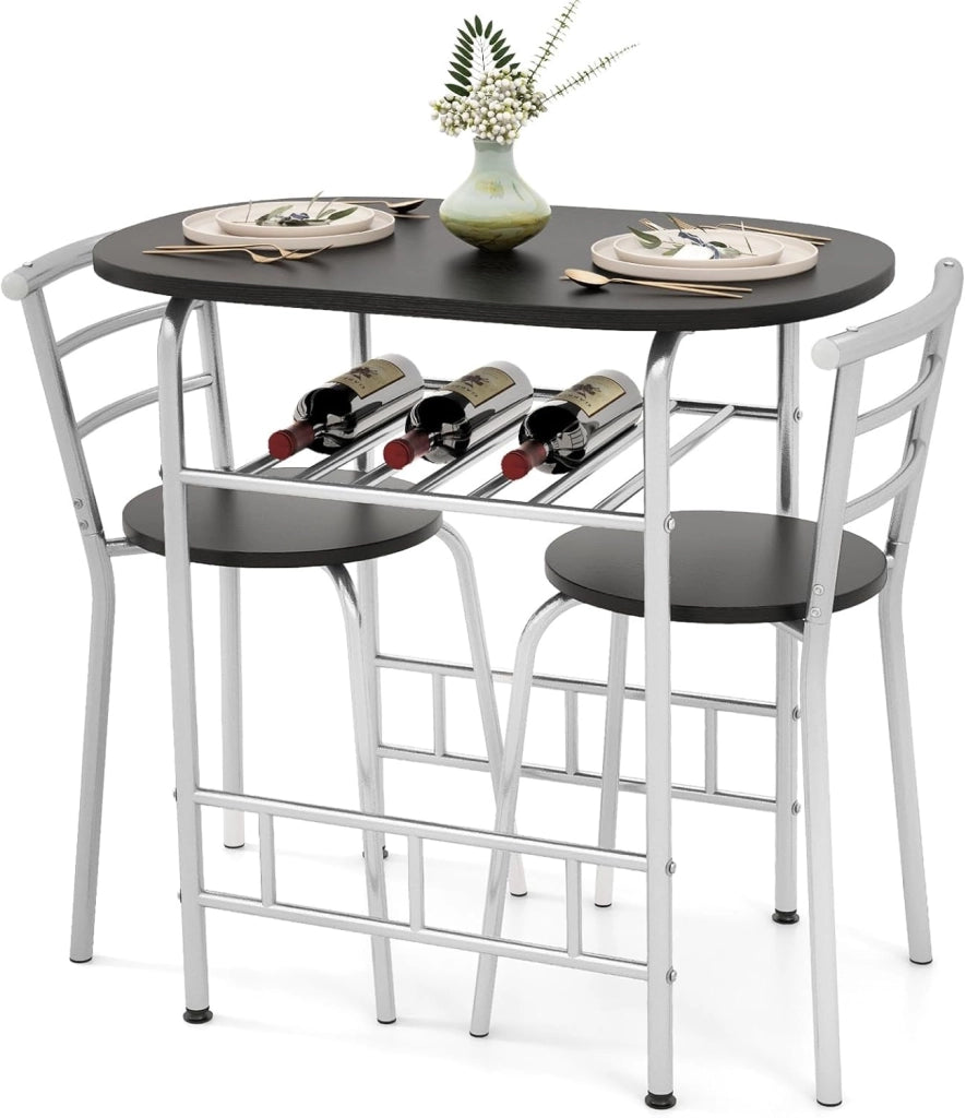 Set da Pranzo 3 Pezzi, 1 Tavolo Ovale Piccolo e 2 Sedie, con Portabottiglie, Piano del Tavolo con Venature del Legno, Robusto Telaio in Metallo (naturale) (argento)