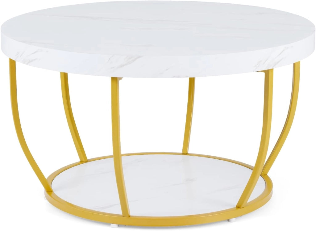Tavolino rotondo a 2 ripiani, 80 x 80 x 45 cm, tavolo da soggiorno con effetto legno e struttura in metallo, elegante comodino per camera da letto, ufficio (bianco)