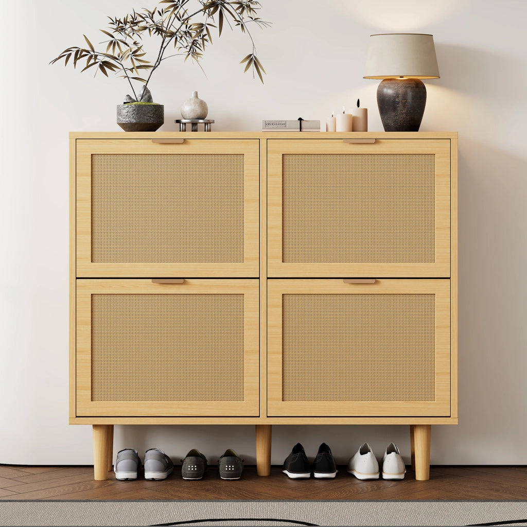 Scarpiera salvaspazio con 4 ante ribaltabili, design in rattan e finitura effetto rovere, 100 x 25 x 90 cm