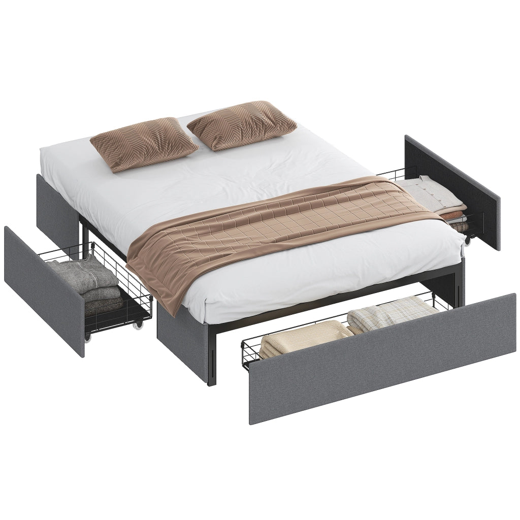 Letto contenitore matrimoniale imbottito con 3 cassetti e rete a doghe ¨C zephmum ¨C grigio 140x190 cm