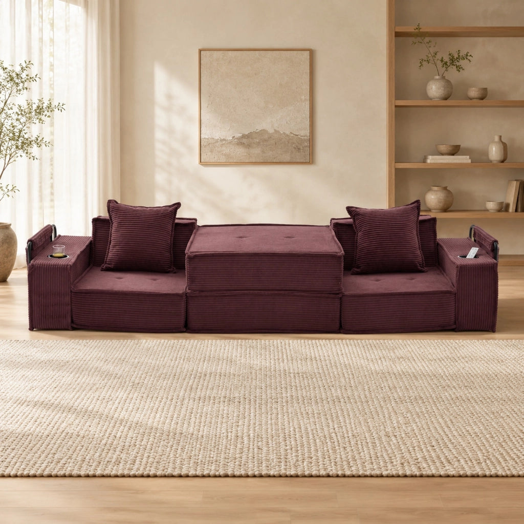 Divano 2 posti modulare 162x78x66 cm in velluto a coste con tasche laterali; rosso vino