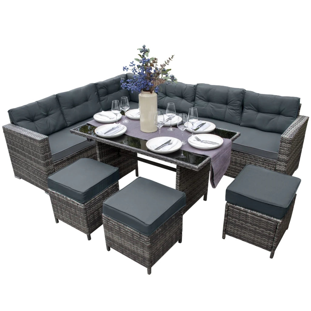 Set d'angolo in rattan Mobili da giardino Grigio Divano Sgabelli Tavolo Cuscini impermeabili 9 Posti