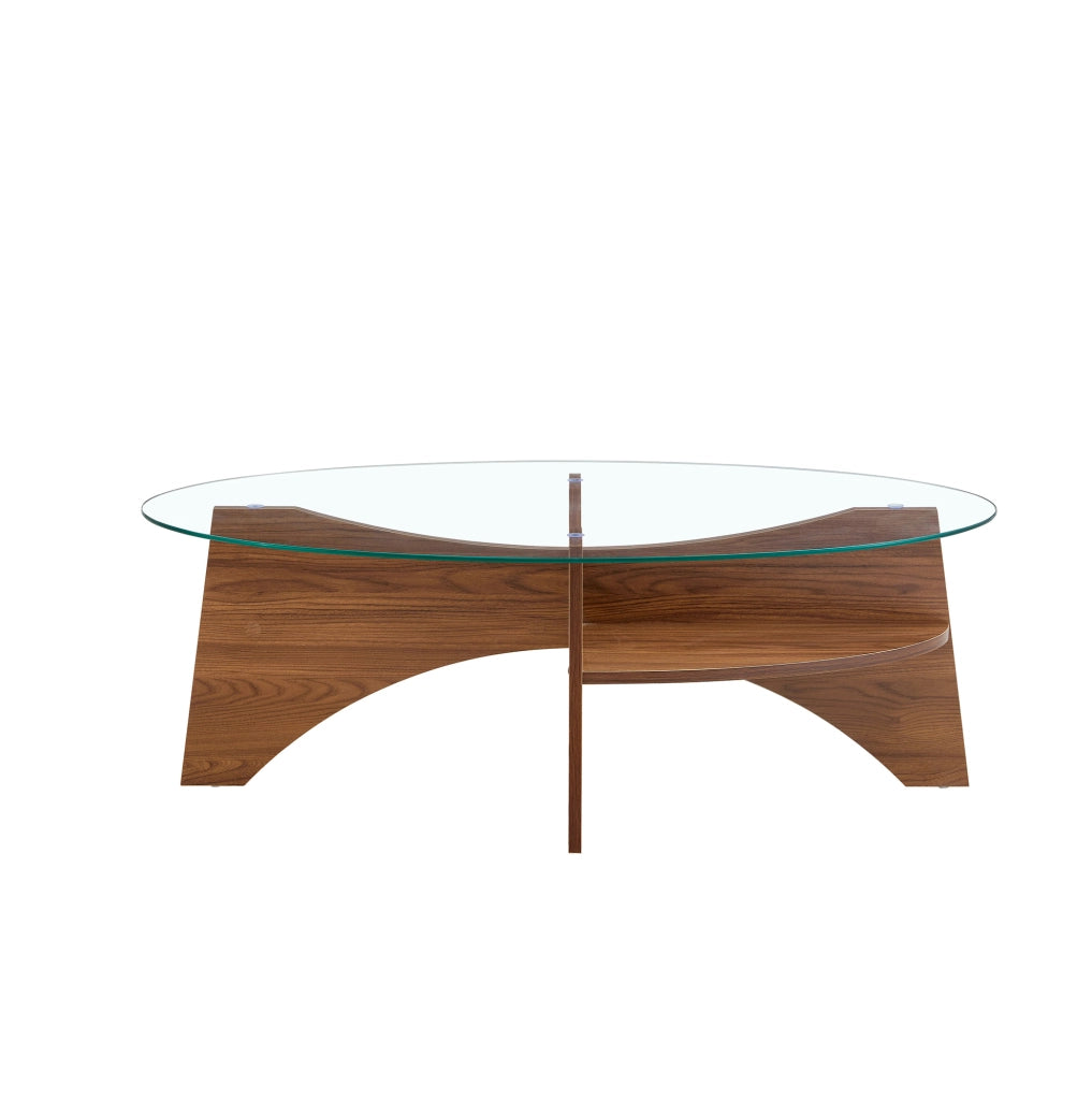 Tavolino da caffè ovale in vetro di sicurezza e MDF color noce con ripiano