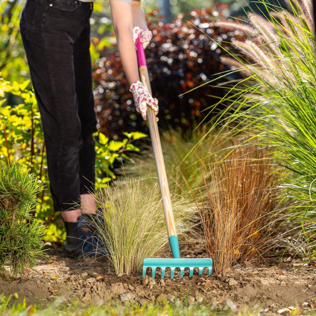Rastrello per foglie KADAX per giardino, erba, manico in legno, 134 cm, rastrello da donna a 8 punte
