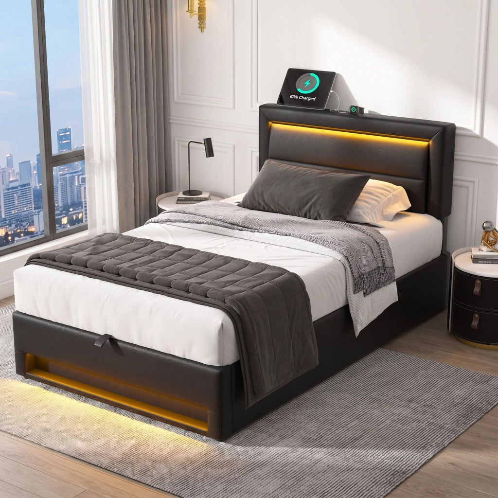 Letto imbottito 90x190 cm in PU nero con USB; LED; contenitore e rete a doghe