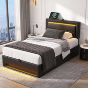 Letto imbottito 90x190 cm in PU nero con USB; LED; contenitore e rete a doghe
