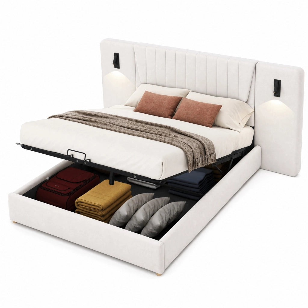 Letto matrimoniale imbottito 180x200 cm in velluto beige con testiera alta; lampade LED e USB