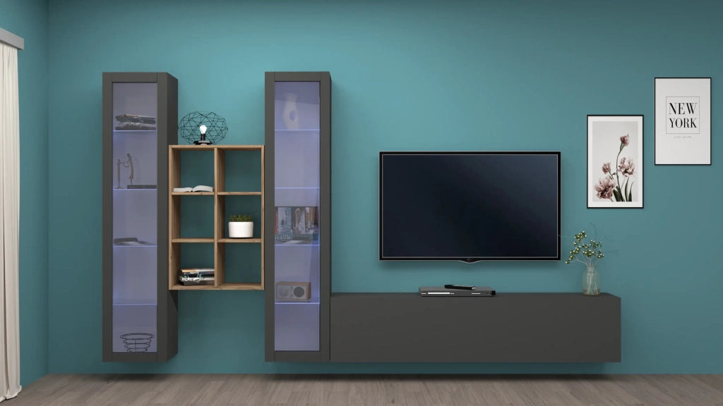 Parete attrezzata  antracite moderna sospesa mobile TV libreria legno 2 vetrine Yves RT