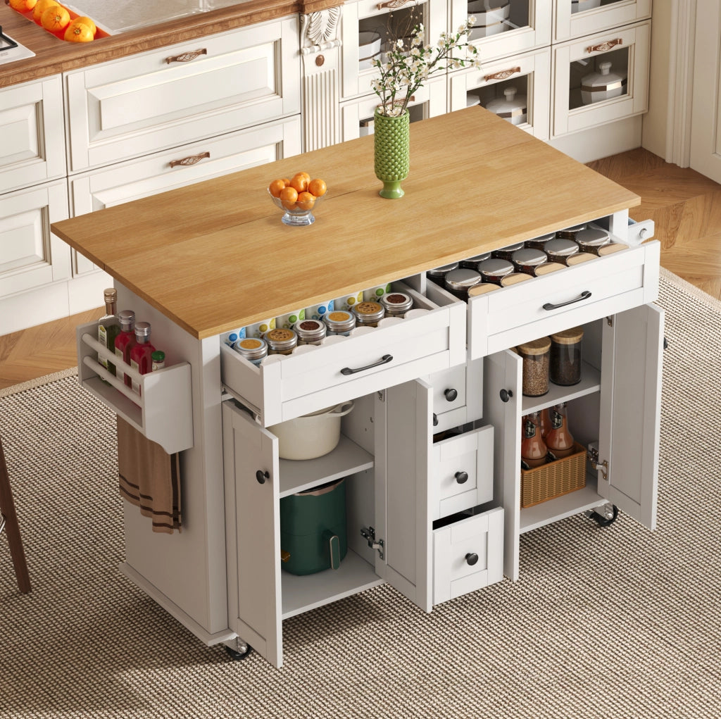 Carrello da cucina multifunzione con piano ribaltabile 140x40(65) cm in MDF bianco e naturale