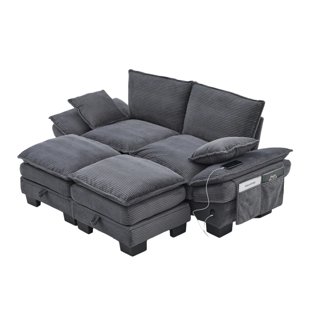 Divano modulare 2 posti in tessuto corduroy con ricarica USB-C tasche laterali e pouf ergonomico grigio scuro